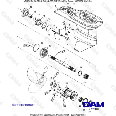 Mercury 50 EFI - Gear Housing, Propeller Shaft - 2.33:1 Gear Ratio