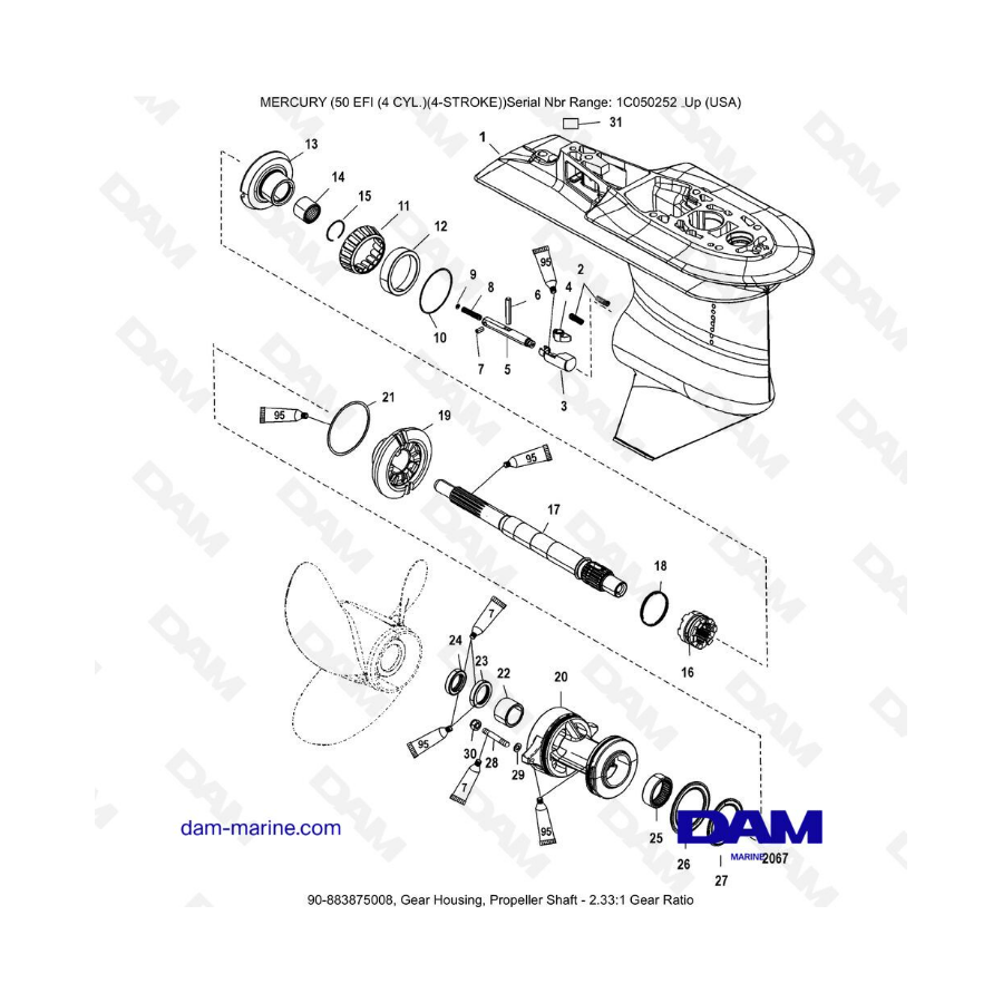 Mercury 50 EFI - Gear Housing, Propeller Shaft - 2.33:1 Gear Ratio