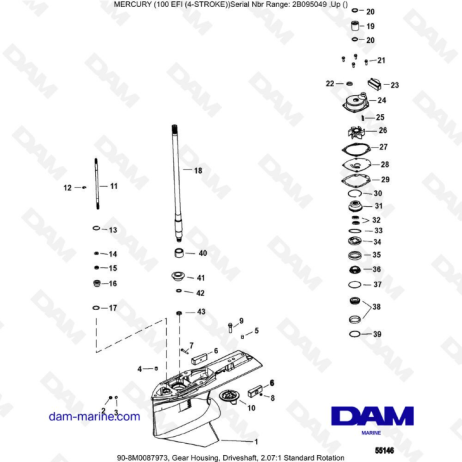 Mercury 100 EFI -  Gear Housing, Driveshaft, 2.07:1 Standard Rotation