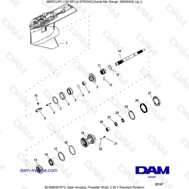 Mercury 100 EFI - Gear Housing, Propeller Shaft, 2.38:1 Counter Rotation