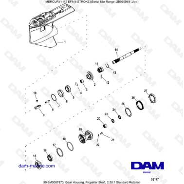 Mercury 115 EFI - Gear Housing, Propeller Shaft, 2.38:1 Standard Rotation