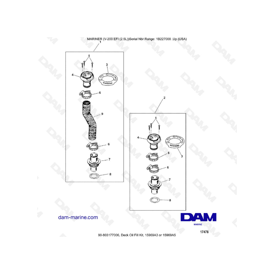 Mercury Mariner V-200 EFI (2,5 L) - Kit de llenado de aceite de cubierta, 15969A3 o 15969A5