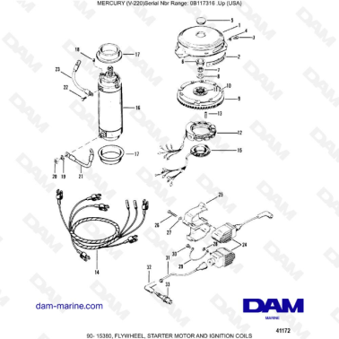 Mercury Mariner V-220 - FLYWHEEL, STARTER MOTOR AND IGNITION COILS