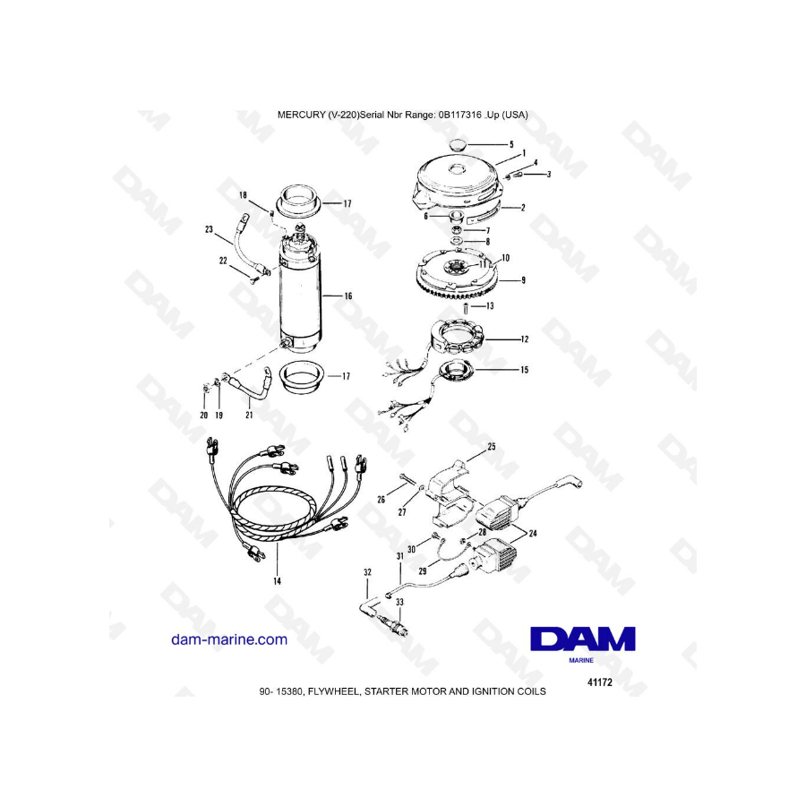 Mercury Mariner V-220 - FLYWHEEL, STARTER MOTOR AND IGNITION COILS