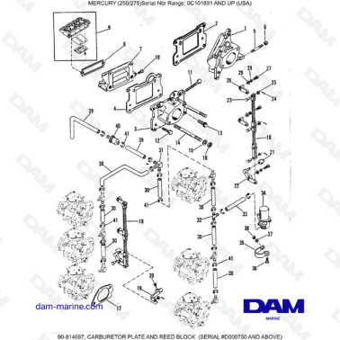 MERCURY (250/275) - CARBURETOR PLATE AND REED BLOCK (SERIAL D000750 AND ABOVE)
