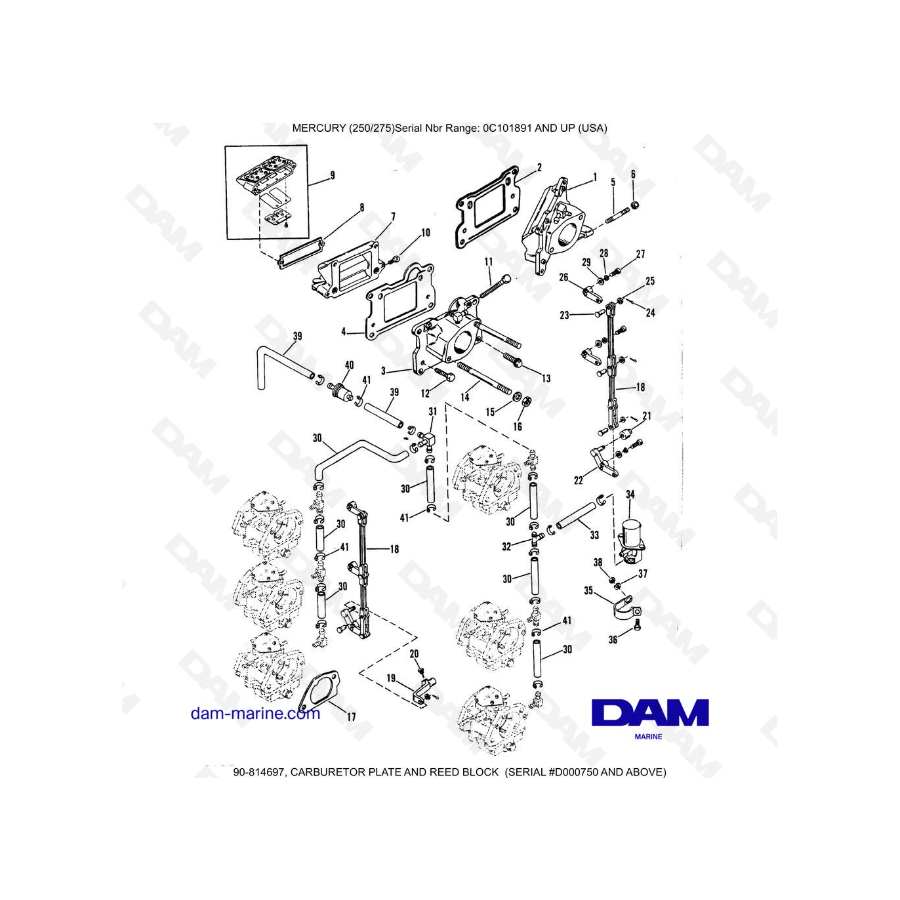 MERCURY (250/275) - CARBURETOR PLATE AND REED BLOCK (SERIAL D000750 AND ABOVE)