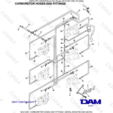 MERCURY (250/275)  - CARBURETOR HOSES AND FITTINGS (SERIAL D000750 AND ABOVE)