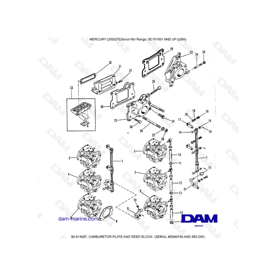 MERCURY (250/275) - CARBURETOR PLATE AND REED BLOCK (SERIAL D000749 AND BELOW)