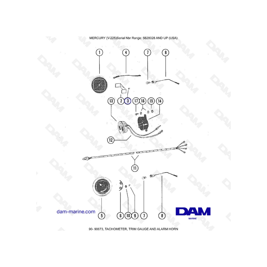 Mercury V-225 - Tachometer, trim gauge & alarm horn