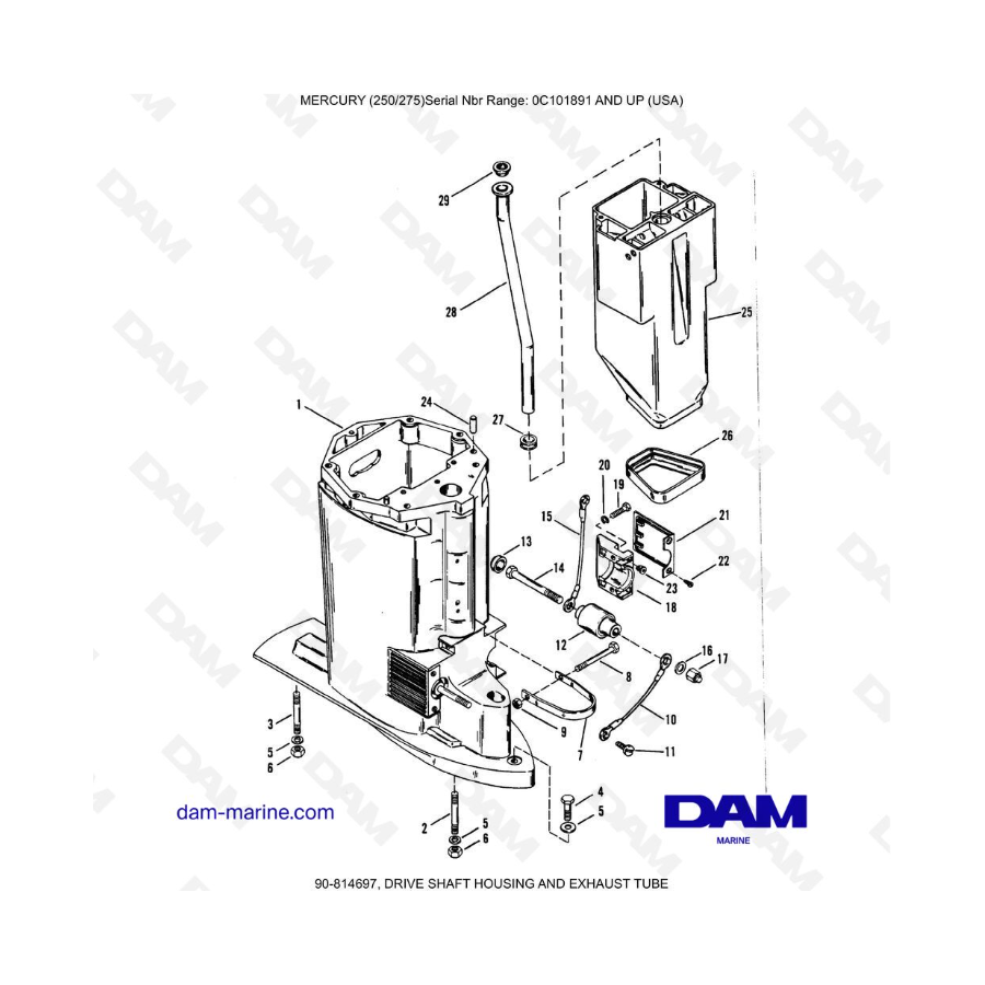 MERCURY (250/275) - DRIVE SHAFT HOUSING AND EXHAUST TUBE