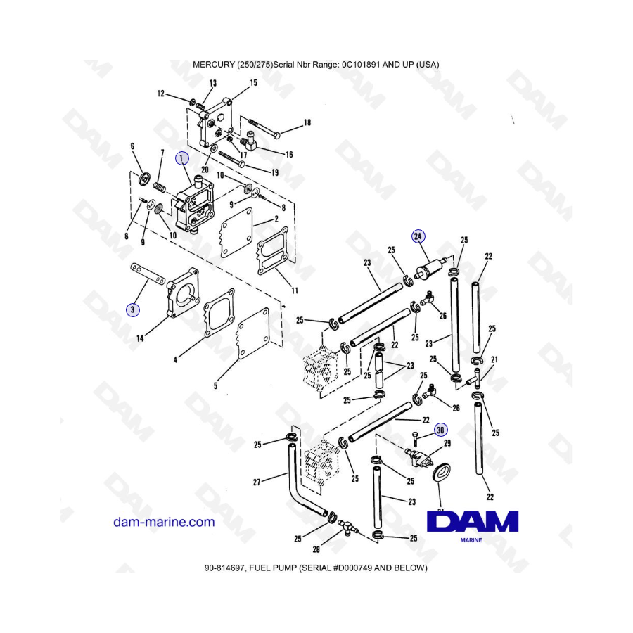 MERCURY (250/275) - FUEL PUMP (SERIAL D000749 AND BELOW)