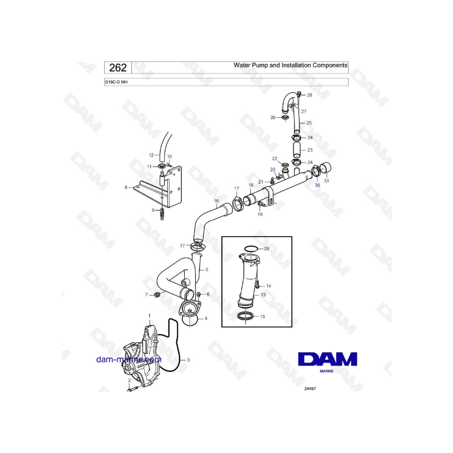 Volvo Penta D16 - Water Pump and Installation Components