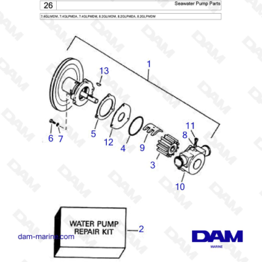 Seawater Pump Parts  - 7.4GLIMDM, 7.4GLPMDA, 7.4GLPMDM, 8.2GLIMDM, 8.2GLPMDA, 8.2GLPMDM