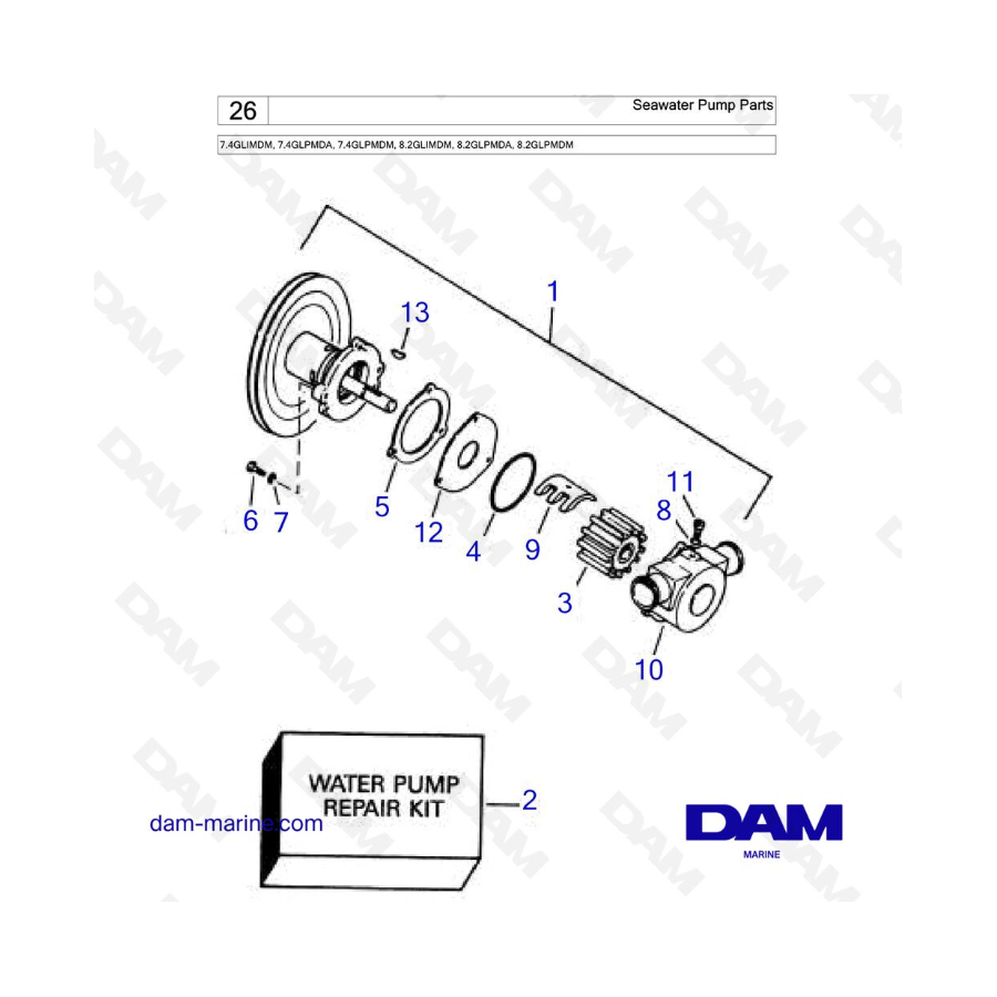 Seawater Pump Parts  - 7.4GLIMDM, 7.4GLPMDA, 7.4GLPMDM, 8.2GLIMDM, 8.2GLPMDA, 8.2GLPMDM