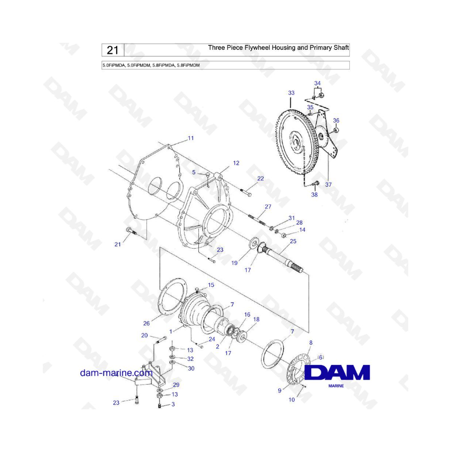 VOLVO PENTA 5.0FiPMDA, 5.0FiPMDM, 5.8FiPMDA, 5.8FiPMDM - Carcasa del volante de tres piezas y eje primario