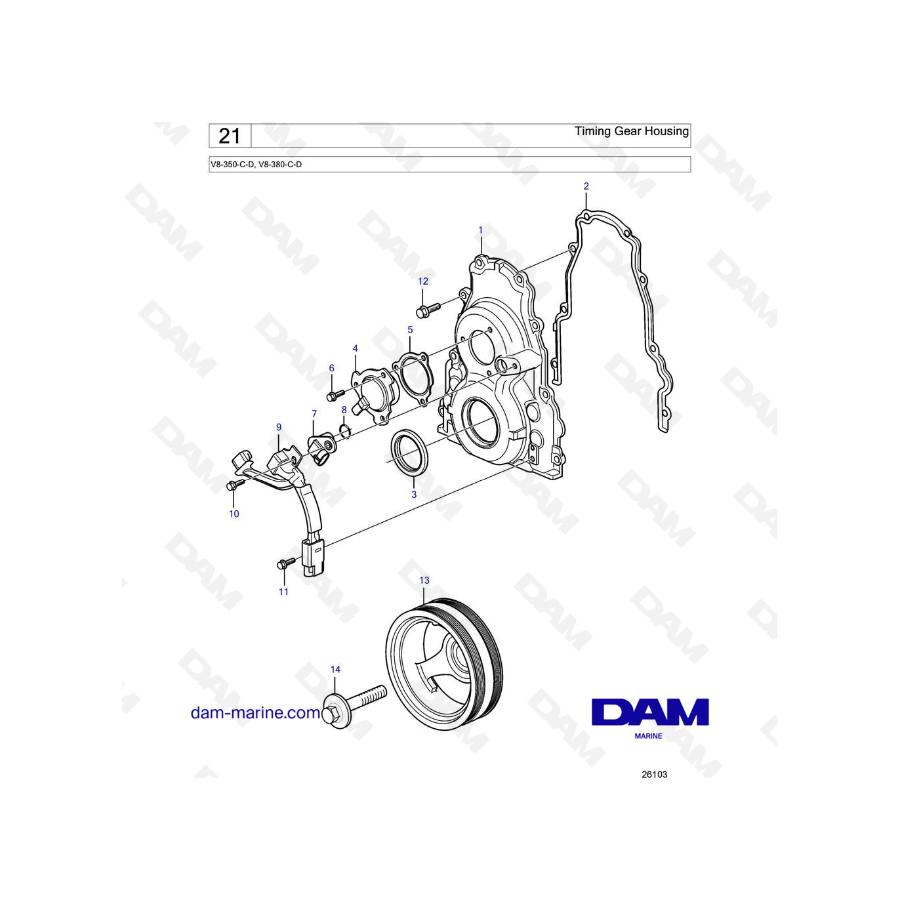 Volvo Penta V8-350 / V8-380 - Caja de engranajes de distribución