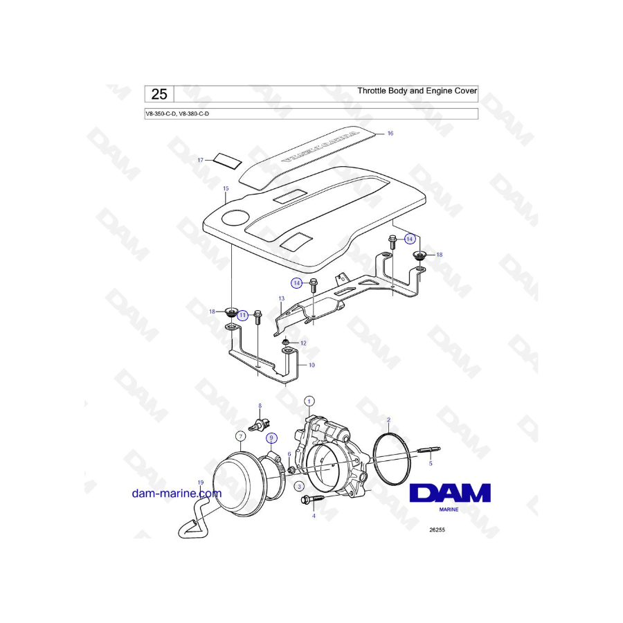 Volvo Penta V8-350 / V8-380 - Cuerpo del acelerador y tapa del motor