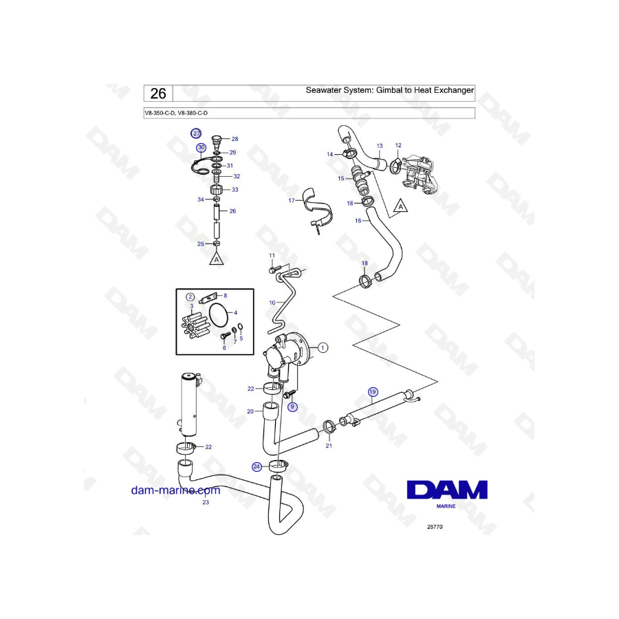 Volvo Penta V8-350 / V8-380 - Sistema de agua de mar: Cardán a intercambiador de calor