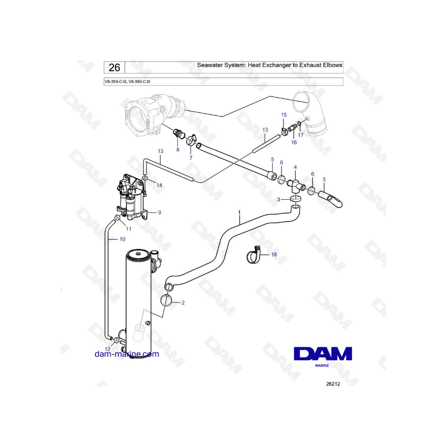 Volvo Penta V8-350 / V8-380 - Sistema de agua de mar: Intercambiador de calor a codos de escape