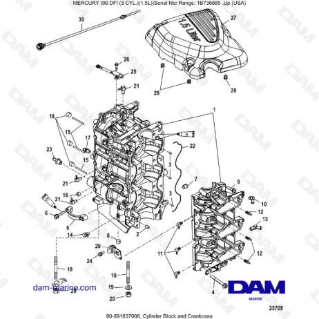 Mercury Optimax 90 - Bloque de cilindros y cárter