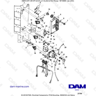Mercury Optimax 90 - Electrical Components, PCM Mounting, 2B092562 and Below