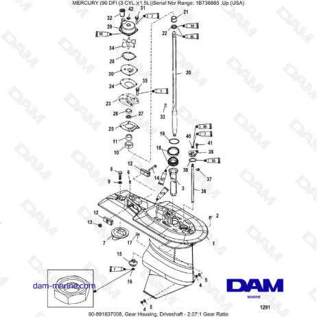 Mercury Optimax 90 - Caja de engranajes, eje de transmisión - Relación de engranajes 2,07:1