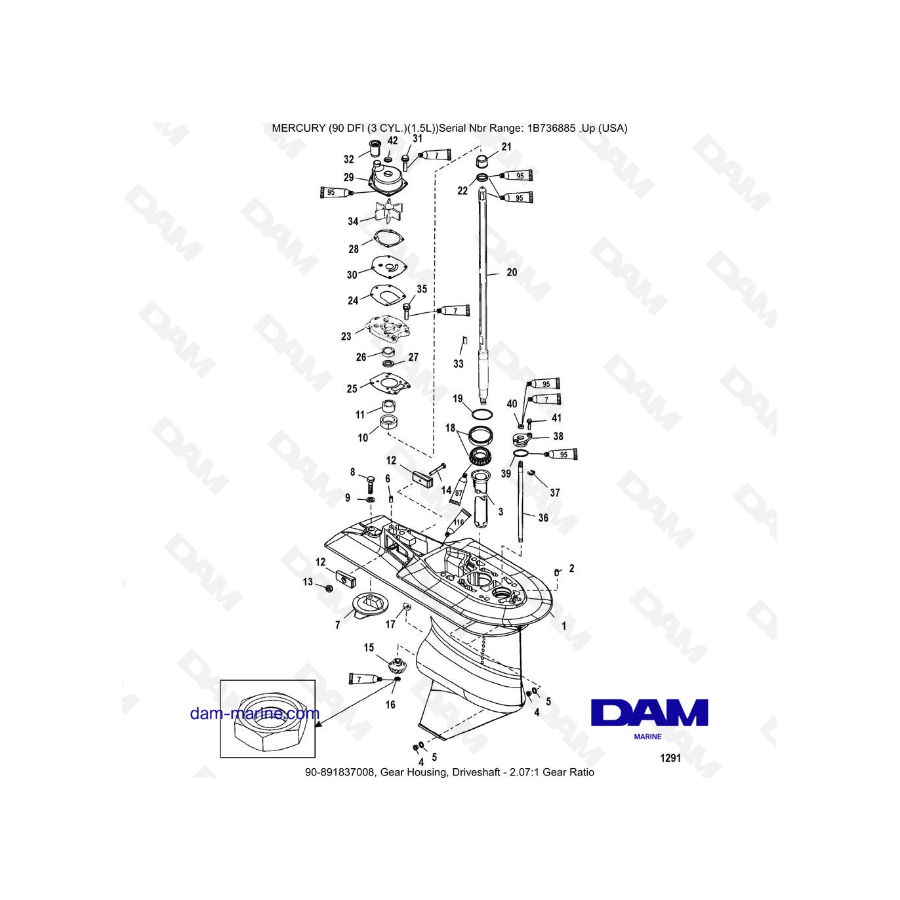 Mercury Optimax 90 - Caja de engranajes, eje de transmisión - Relación de transmisión 2,07:1