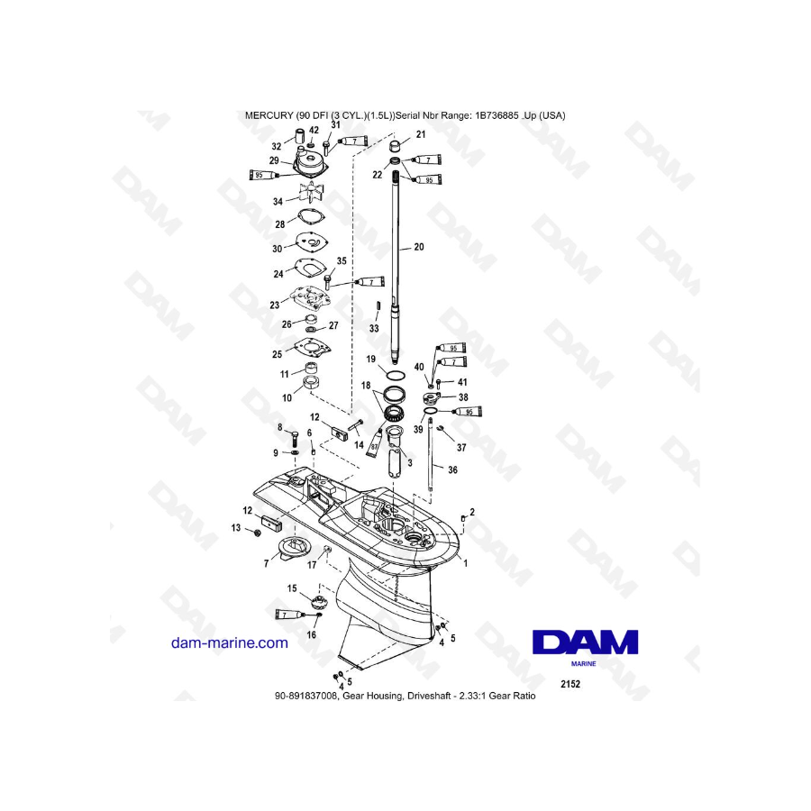 Mercury Optimax 90 - Caja de engranajes, eje de transmisión - Relación de transmisión 2,33:1
