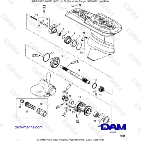 Mercury Optimax 90 - Gear Housing, Propeller Shaft - 2.33:1 Gear Ratio