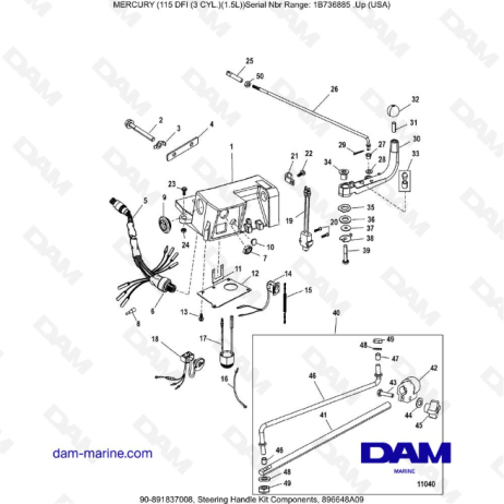 Mercury Optimax 115 - Componentes del kit de manija de dirección, 896648A09