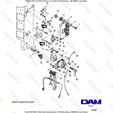 Mercury Optimax 75 - Electrical Components, PCM Mounting, 2B092562 and Below
