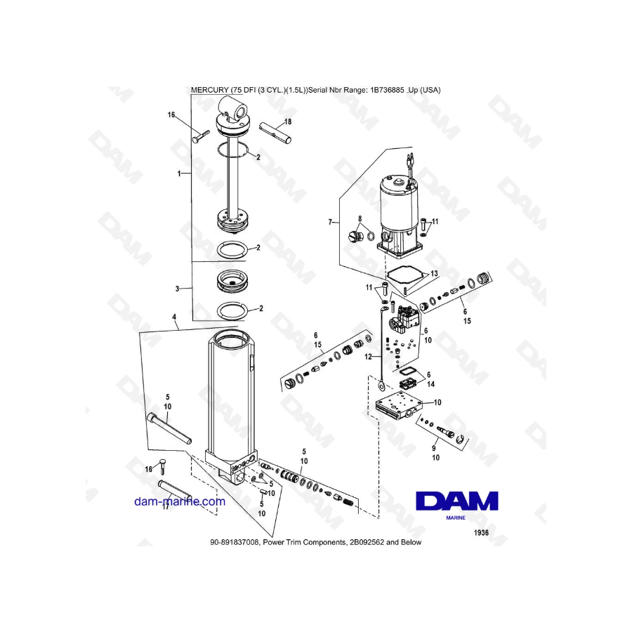 Mercury 75 Optimax - Power Trim Components, 2B092562 and Below