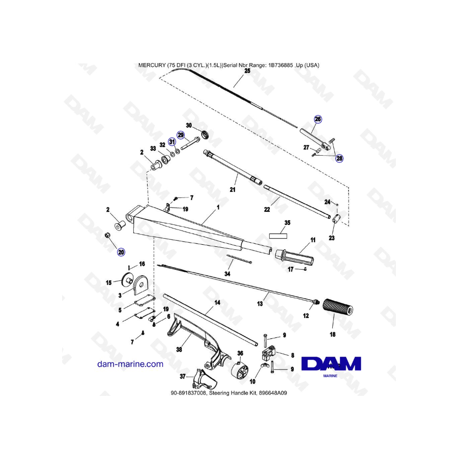 Mercury 75 Optimax - Steering Handle Kit, 896648A09