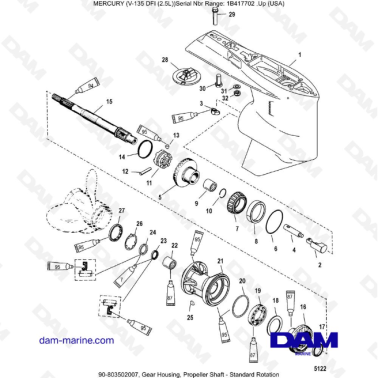 Mercury V-135 Optimax - Gear Housing, Propeller Shaft - Standard Rotation