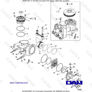 Mercury V-150 DFI (2.5L) - Air compressor components, SN 1B884880