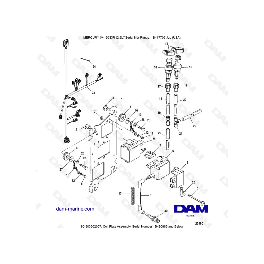 Mercury V-150 DFI (2.5L) - Conjunto de placa de bobina, número de serie 1B490865 y anteriores