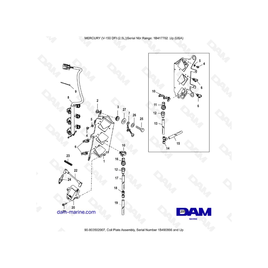 Mercury V-150 DFI (2.5L) - Coil Plate Assembly, Serial Number 1B490866 and Up