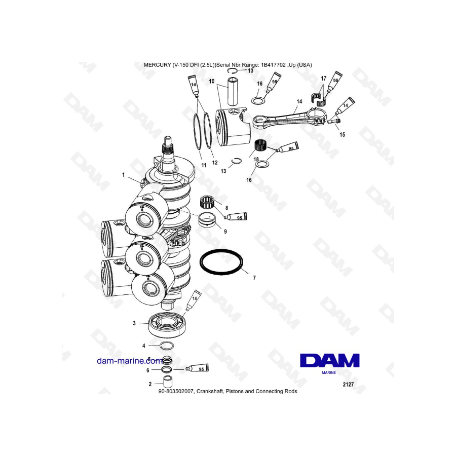 Mercury V-150 DFI (2.5L): Cigüeñal, pistones y bielas