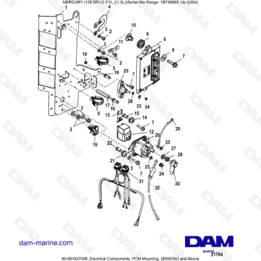Mercury 125 DFI 1.5L - Electrical Components, PCM Mounting, 2B092563 and Above
