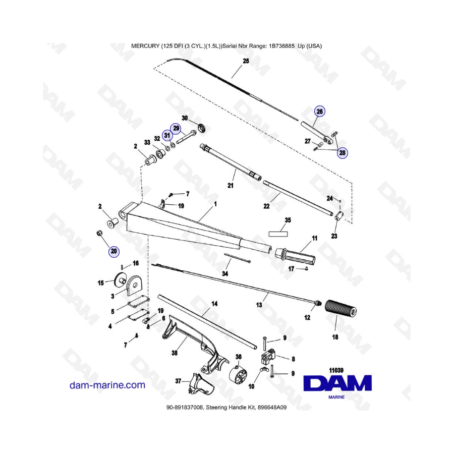Mercury 125 DFI 1.5L - Juego de manija de dirección, 896648A09