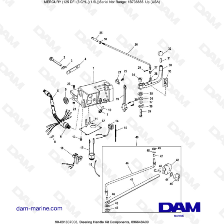 Mercury 125 DFI 1.5L - Steering Handle Kit Components, 896648A09