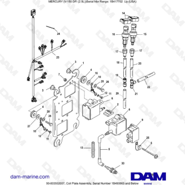 Mercury 150 DFI 2.5L - Coil Plate Assembly, Serial Number 1B490865 and Below