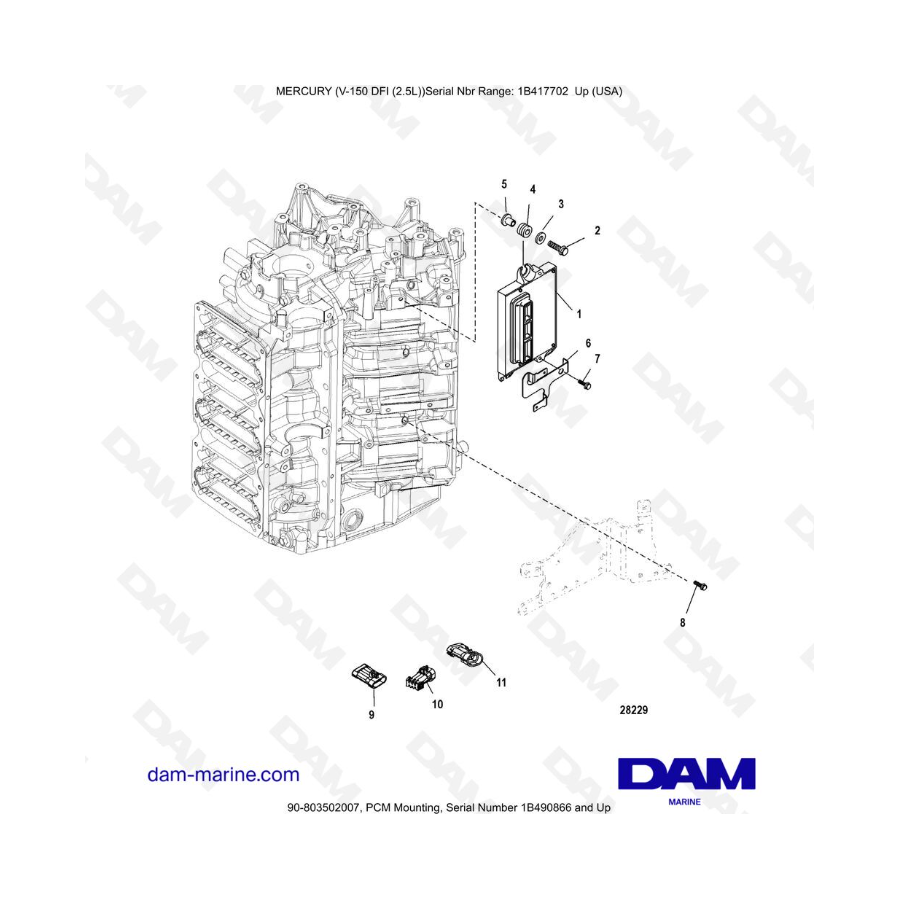 Mercury 150 DFI 2.5L - Montaje PCM, número de serie 1B490866 y posteriores