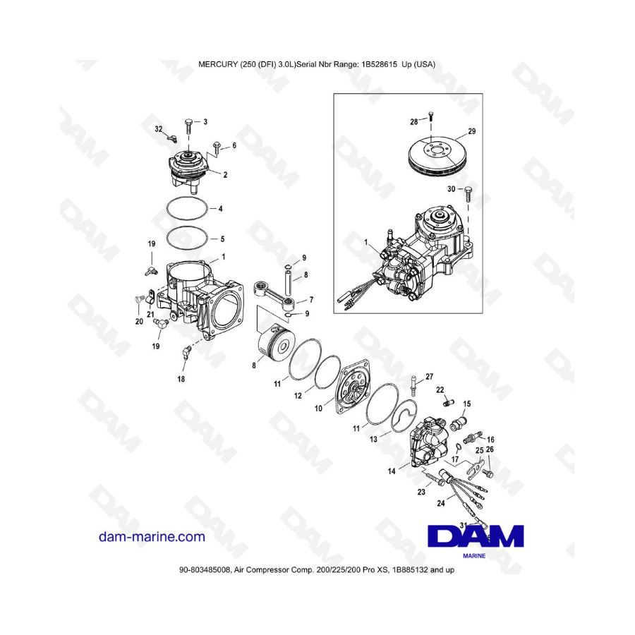 Mercury 250 DFI 3.0L - Compresor de aire Comp. 200/225/200 Pro XS, 1B885132 y superiores