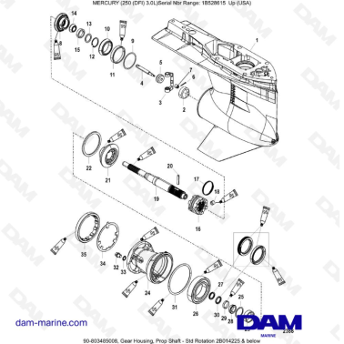 Mercury 250 DFI 3.0L - Gear Housing, Prop Shaft - Std Rotation 2B014225 && below