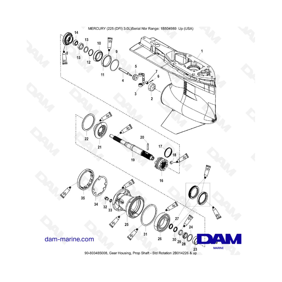 Mercury 225 DFI 3.0L - Caja de engranajes, eje de transmisión - Rotación estándar 2B014226 y posteriores