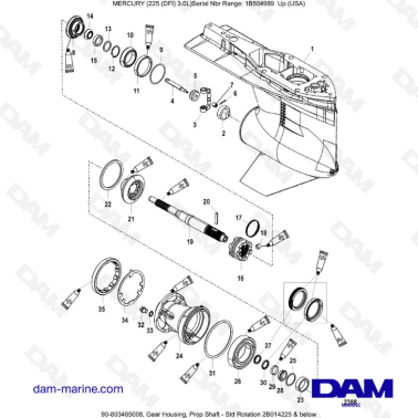 Mercury 225 DFI 3.0L - Gear Housing, Prop Shaft - Std Rotation 2B014225 & below