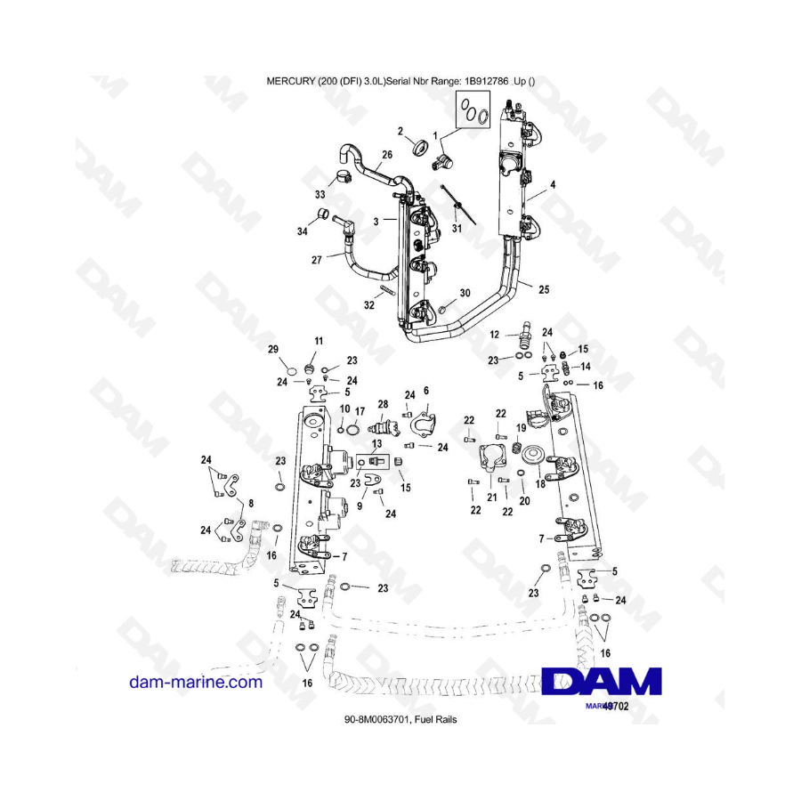 Mercury 200 DFI 3.0L - Fuel Rails Mercury 200 DFI 3.0L - Fuel Rails