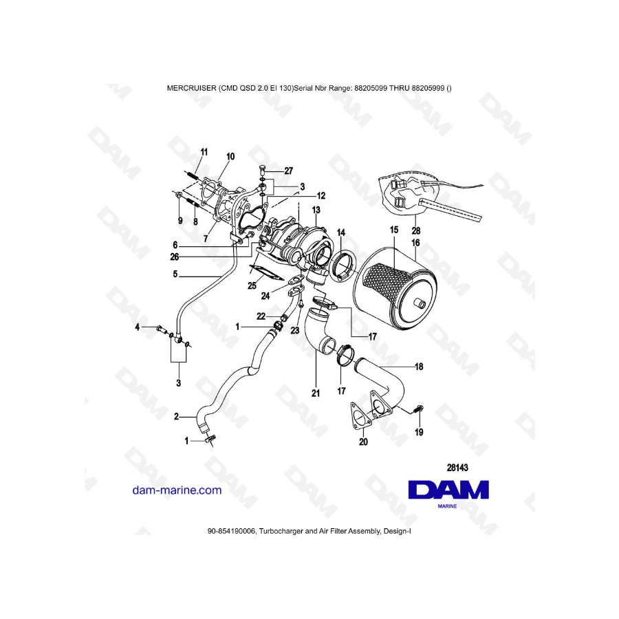Mercruiser CMD QSD 2.0 EI 130 - Turbocharger and Air Filter Assembly, Design-I