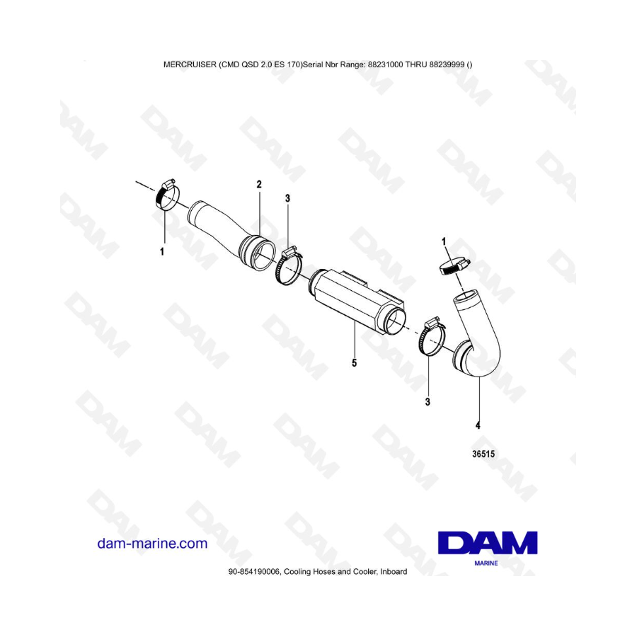 Mercruiser CMD QSD 2.0 ES 170 - Cooling Hoses and Cooler, Inboard Mercruiser CMD QSD 2.0 ES 170 - Cooling Hoses and Cooler, Inboard